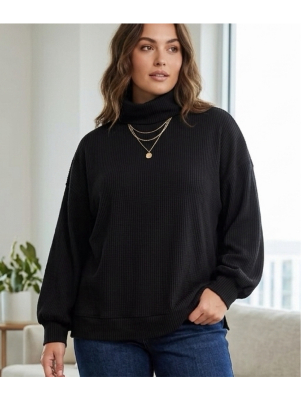 Gap Womens 2XL Ribbed Turtleneck Sweater Black Oversized Waffle Knit 2024